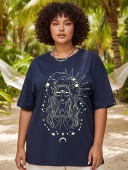 Bewakoof - Women's Blue Stardust Soul Graphic Printed Oversized Plus Size T-shirt