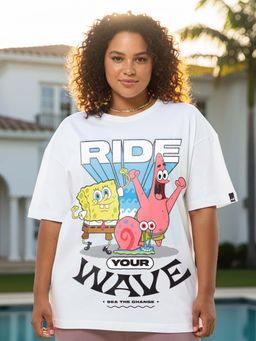 Bewakoof - SpongeBob Women's White Ride your Wave Graphic Printed Oversized Plus Size T-shirt