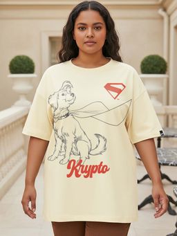 Bewakoof - Official DC Superman Women's Beige Krypto Graphic Printed Oversized Plus Size T-shirt