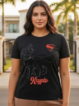 Bewakoof - Official DC Superman Women's Jet Black Krypto Graphic Printed Plus Size T-shirt