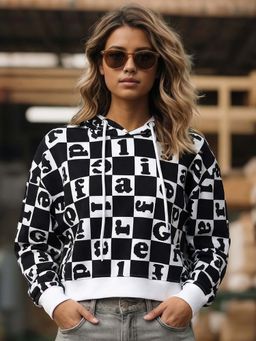 Bewakoof - Garfield Women's Bright White & Black All Over Printed Oversized Hoodies