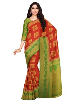 Mimosa - Red Printed Embellished Saree With Unstitched Blouse