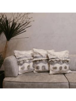 LUSHLYF - Embroidery Soft Cotton Slub Tufted Earthy Waves Sofa and Cushion Cover - Cream (Pack of 3)