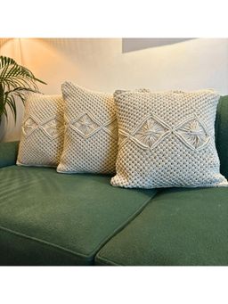 LUSHLYF - Macrame Diamond Design Tufted Cushion Cover - Beige (Pack of 3)