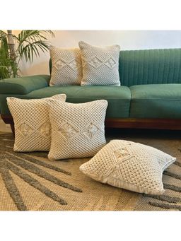 LUSHLYF - Macrame Diamond Design Tufted Cushion Cover - Beige (Pack of 5)