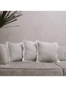 LUSHLYF - Embroidery Soft Cotton Slub Tufted Serene Fringe Sofa and Cushion Cover - Grey (Pack of 3)