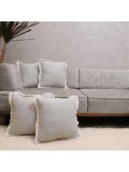 LUSHLYF - Embroidery Soft Cotton Slub Tufted Serene Fringe Sofa and Cushion Cover - Grey (Pack of 4)
