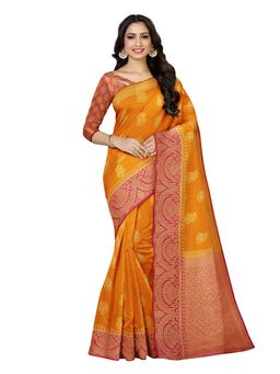 Mimosa - Yellow Printed Embellished Saree With Unstitched Blouse