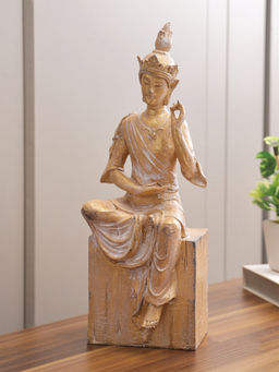 HomeTown - Zen Polyresin Thai Mudra Buddha Figurine in White-Gold Colour