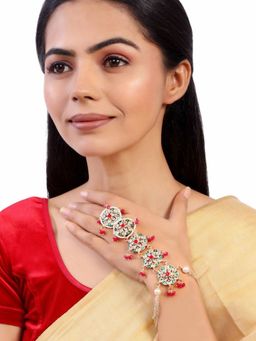 Accessher - Gold Plated Kundan Enamel Pearl Studded Bracelet with Adjustable Finger Ring