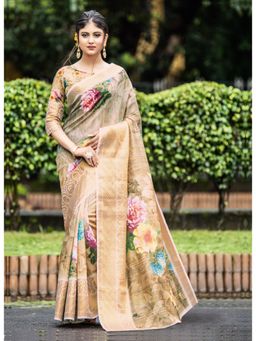 Sangam Prints - Beige Cotton Jacquard Traditional Saree with Unstitched Blouse