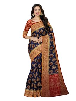 Mimosa - Navy Blue Printed Embellished Saree With Unstitched Blouse