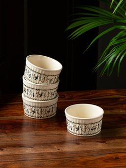 ExclusiveLane - Whispers Of Warli' Handcrafted Ceramic Dinner Bowls/Katoris (Set Of 4)