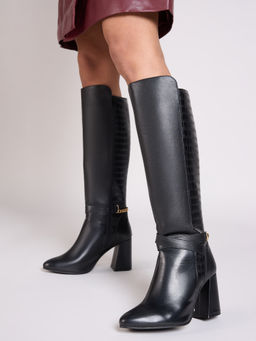 Twenty Dresses by Nykaa Fashion - Black Croc Textured Knee Length Chain Block Heeled Boots