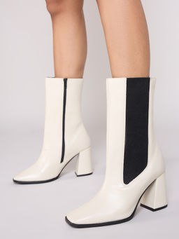 Twenty Dresses by Nykaa Fashion - Off White Square Toe Block Heel Ankle Boots with Zip
