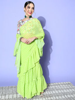 Odette - Lime Green Polka Dots Printed Georgette Saree with Unstitched Blouse