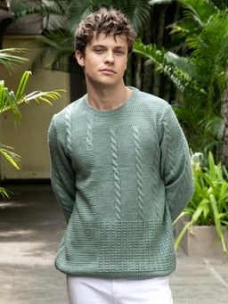 Campus Sutra - Men Sage Green Twist-Knit Pullover Sweater