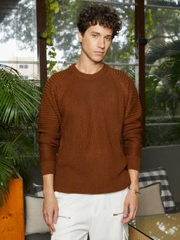 Campus Sutra - Men Chocolate Brown Self-Raglan Knit Pullover Sweater