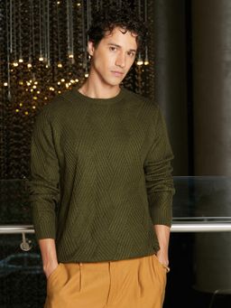 Campus Sutra - Men Army Green Basket-Knit Pullover Sweater