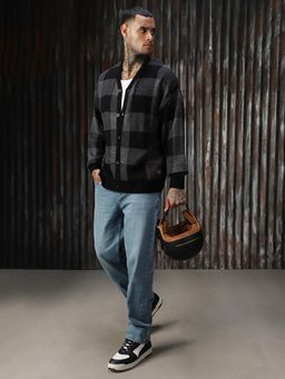 High Star - Men Regular Knitted Oversized Fit Acrylic V Neck Long Sleeve Cardigan