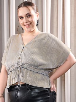 KASSUALLY - CURVE BY KASSUALLY Grey Foil Pleated V- Neck Cinched Crop Top