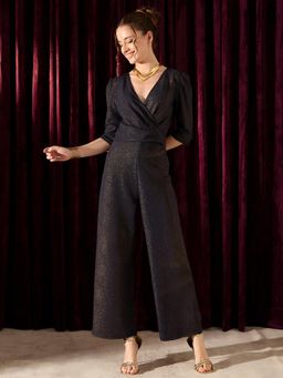 KASSUALLY - Navy Blue Embellished Sparkle V-Neck Basic Wrap Jumpsuit