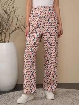 KASSUALLY - Peach Printed Basic Straight Trouser