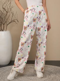 KASSUALLY - White Printed Basic Straight Trouser