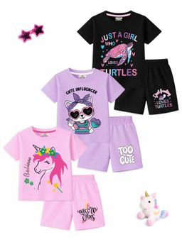 Kuchipoo - Girls Regular Fit Half Sleeves T-Shirts and Shorts (Pack of 3)