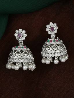 Estele - Rhodium Plated CZ Elegant Jhumka Earrings with Pearl for Women