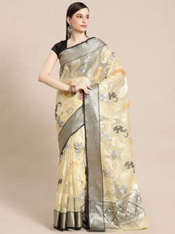 Banarasi Silk Works - Organza Woven Saree Beige with Unstitched Blouse