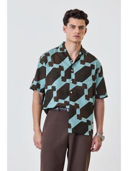Snitch - X BISMIL Teal Geometric Half Sleeves Relaxed Casual Shirt for Men