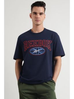 Reebok - Men Navy Blue Cotton Blend Round Neck T-Shirt