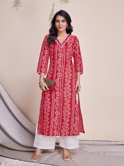 MOJILAA - Women's Red Linen Bandhani Straight Kurta