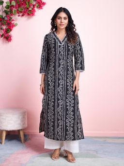 MOJILAA - Women's Black Linen Bandhani Straight Kurta