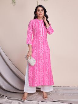 MOJILAA - Women's Light Pink Linen Bandhani Straight Kurta