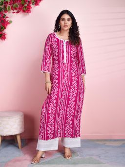 MOJILAA - Women's Pink Linen Bandhani Straight Kurta