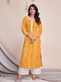 MOJILAA - Women's Yellow Linen Bandhani Straight Kurta