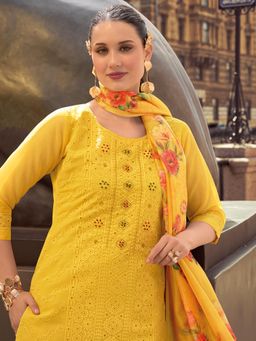 MOJILAA - Women's Yellow Organza Embroidered Chikankari Kurta With Pant & Dupatta (Set of 3)