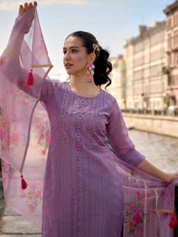 MOJILAA - Women's Lavender Organza Embroidered Chikankari Kurta With Pant & Dupatta (Set of 3)