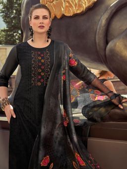 MOJILAA - Women's Black Organza Embroidered Chikankari Kurta With Pant & Dupatta (Set of 3)