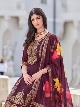 MOJILAA - Women's Wine Chanderi Silk Ethnic Motifs Jacquard Kurta With Pant & Dupatta (Set of 3)