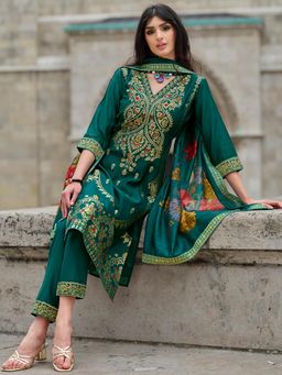 MOJILAA - Women's Teal Chanderi Silk Jacquard Kurta With Pant & Dupatta (Set of 3)