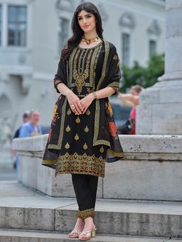 MOJILAA - Women's Black Chanderi Silk Kurta With Pant & Dupatta (Set of 3)