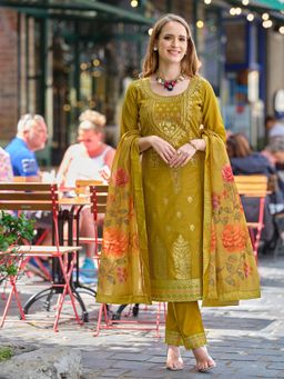 MOJILAA - Women's Lime Green Chanderi Silk Kurta With Pant & Dupatta (Set of 3)