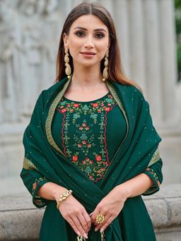 MOJILAA - Women's Green Embroidered Anarkali Kurta With Pant & Dupatta (Set of 3)