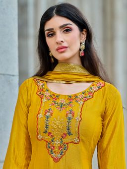 MOJILAA - Women's Mustard Silk Embroidered Anarkali Kurta With Pant & Dupatta (Set of 3)