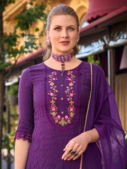 MOJILAA - Women's Purple Viscose Embroidered Kurta With Afghani Salwar & Dupatta (Set of 3)