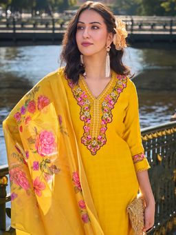 MOJILAA - Women's Mustard Viscose Floral Embroidered A-Line Kurta With Pant & Dupatta (Set of 3)
