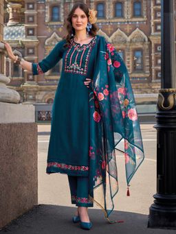 MOJILAA - Women's Teal Viscose Embroidered A-Line Kurta With Pant & Dupatta (Set of 3)